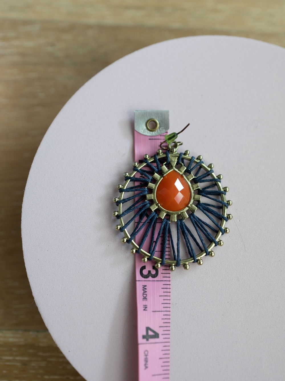 Handcrafted Orange‎ Stone and Navy Thread Hoop Earrings - Picture 5 of 5